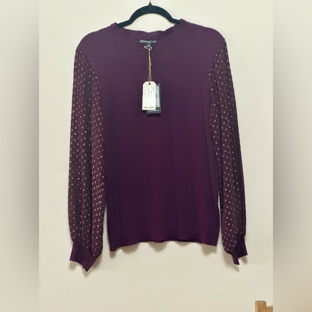Adrianna Papell Metallic Dot Sleeve Sweater – Plum/Gold (Size M, NWT)